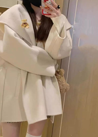 Loose Beige Patchwork Woolen Hoodies Coats Fall