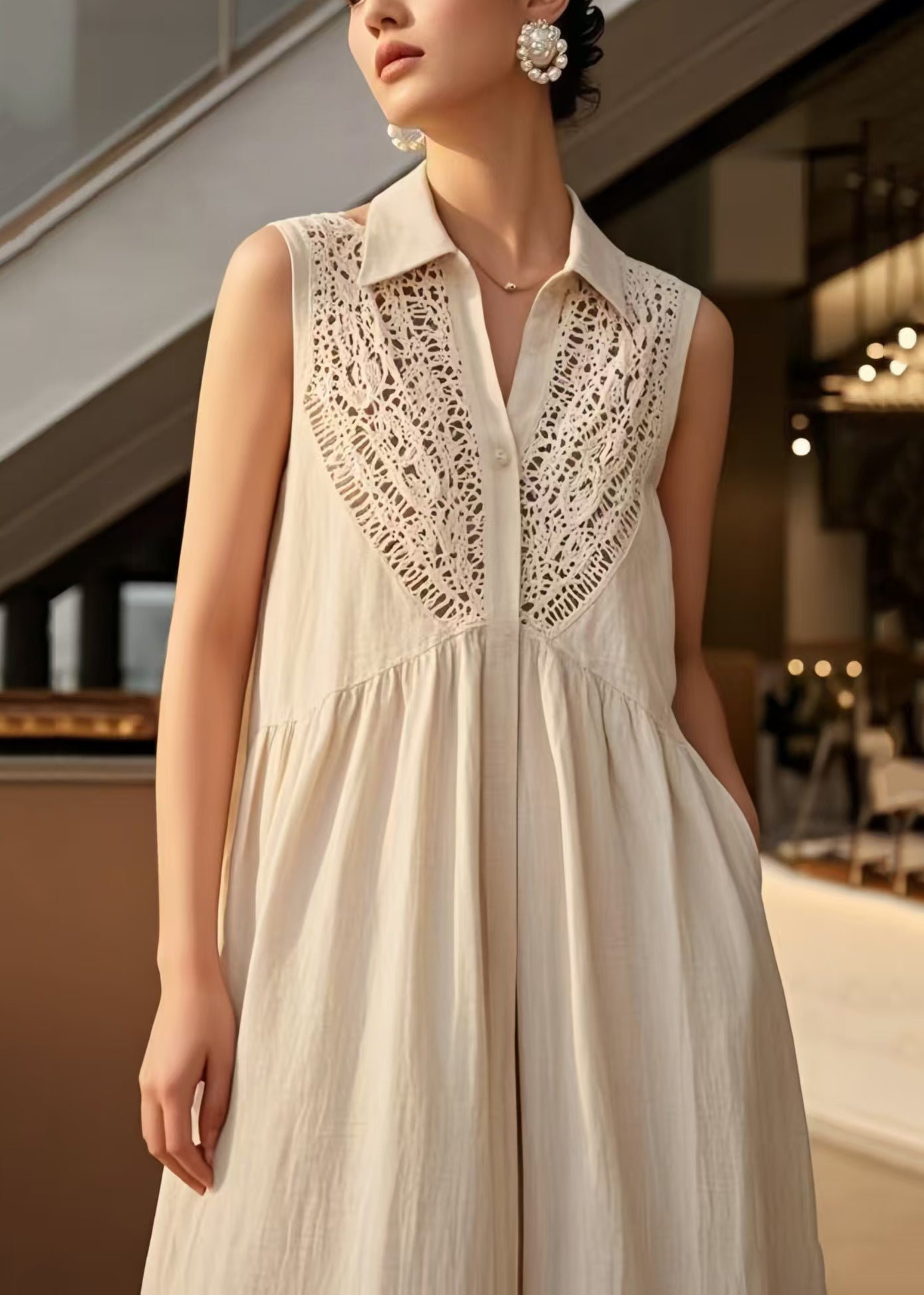 Loose Beige Peter Pan Collar Patchwork Cotton Dresses Sleeveless