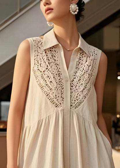 Loose Beige Peter Pan Collar Patchwork Cotton Dresses Sleeveless