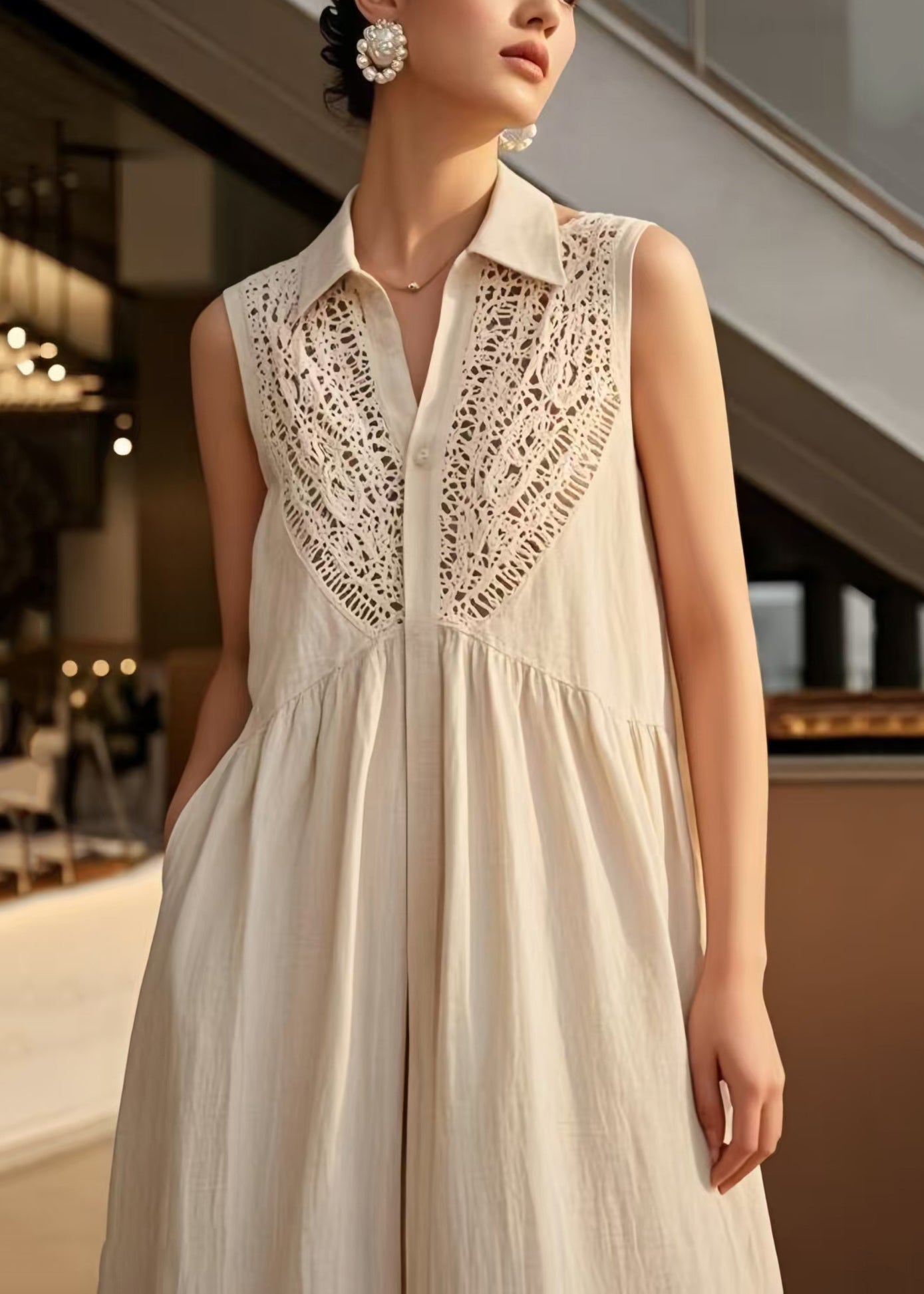 Loose Beige Peter Pan Collar Patchwork Cotton Dresses Sleeveless