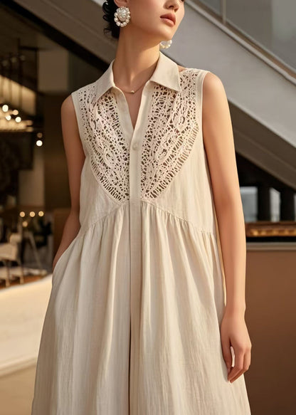 Loose Beige Peter Pan Collar Patchwork Cotton Dresses Sleeveless