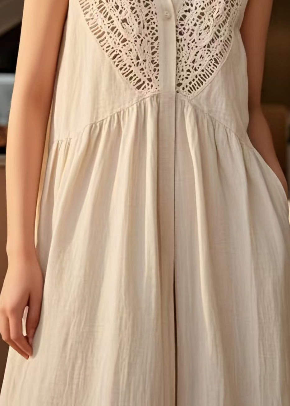 Loose Beige Peter Pan Collar Patchwork Cotton Dresses Sleeveless