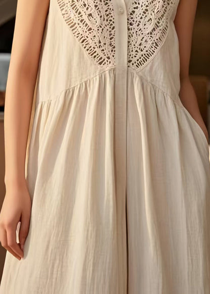 Loose Beige Peter Pan Collar Patchwork Cotton Dresses Sleeveless