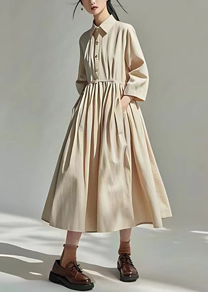 Loose Beige Peter Pan Collar Pockets Wrinkled Cotton Dress Long Sleeve