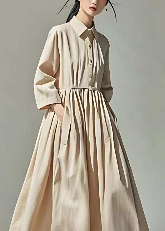 Loose Beige Peter Pan Collar Pockets Wrinkled Cotton Dress Long Sleeve