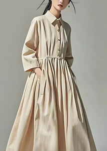 Loose Beige Peter Pan Collar Pockets Wrinkled Cotton Dress Long Sleeve
