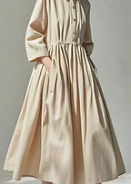 Loose Beige Peter Pan Collar Pockets Wrinkled Cotton Dress Long Sleeve