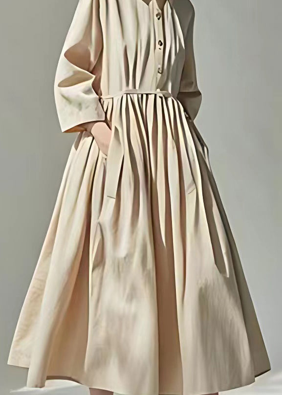 Loose Beige Peter Pan Collar Pockets Wrinkled Cotton Dress Long Sleeve