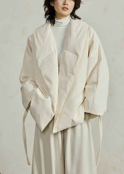 Loose Beige Peter Pan Collar Tie Waist Duck Down Down Jacket Winter