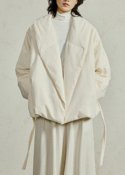Loose Beige Peter Pan Collar Tie Waist Duck Down Down Jacket Winter