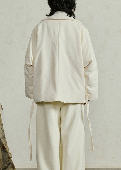 Loose Beige Peter Pan Collar Tie Waist Duck Down Down Jacket Winter