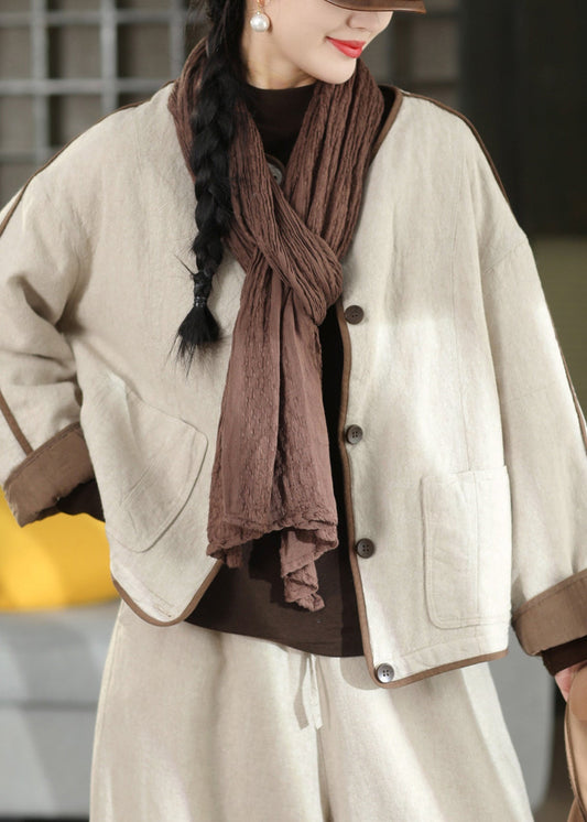 Loose Beige Pockets Button Patchwork Fine Cotton Filled Coats Winter