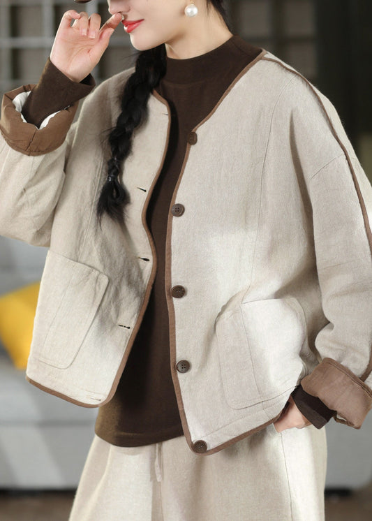 Loose Beige Pockets Button Patchwork Fine Cotton Filled Coats Winter