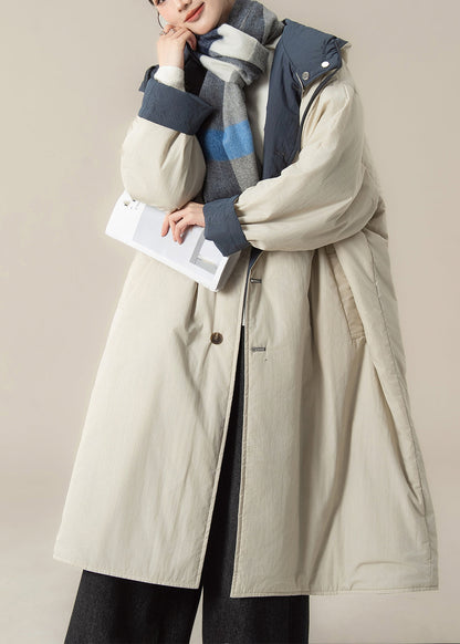 Loose Beige Pockets Hooded Long Parka Winter