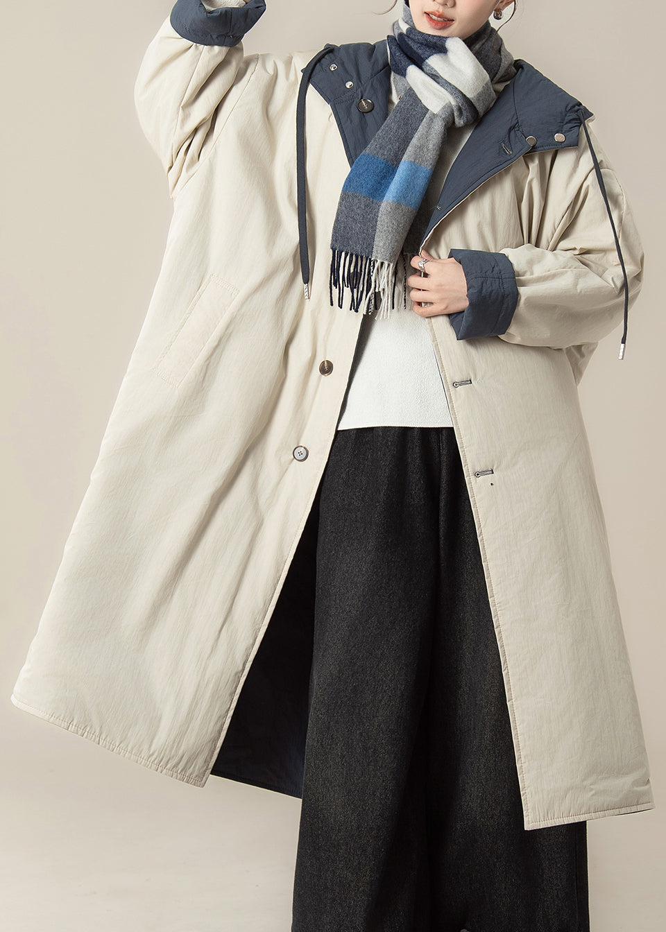 Loose Beige Pockets Hooded Long Parka Winter