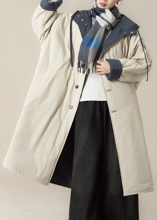 Loose Beige Pockets Hooded Long Parka Winter