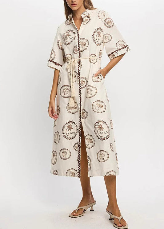 Loose Beige Print Tie Waist Maxi Dresses Short Sleeve