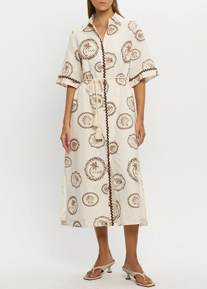 Loose Beige Print Tie Waist Maxi Dresses Short Sleeve