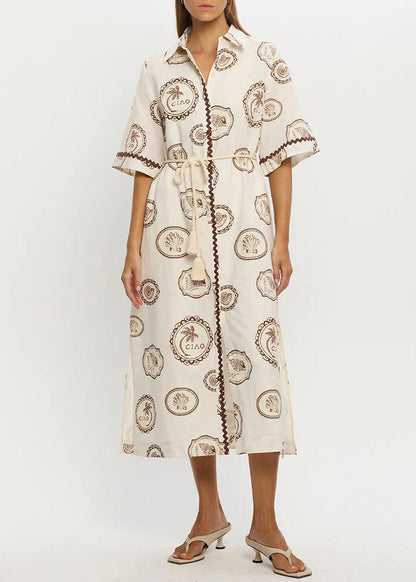 Loose Beige Print Tie Waist Maxi Dresses Short Sleeve