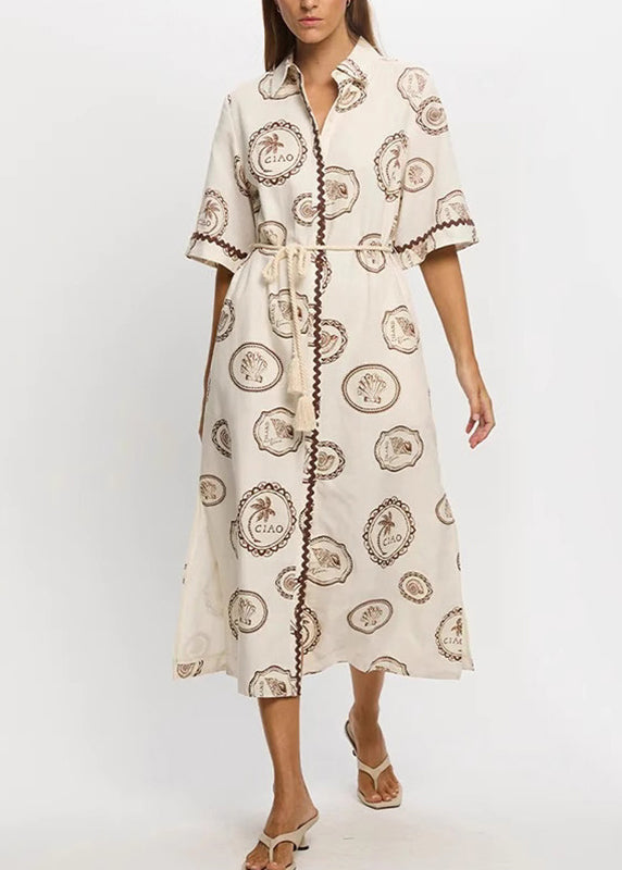 Loose Beige Print Tie Waist Maxi Dresses Short Sleeve