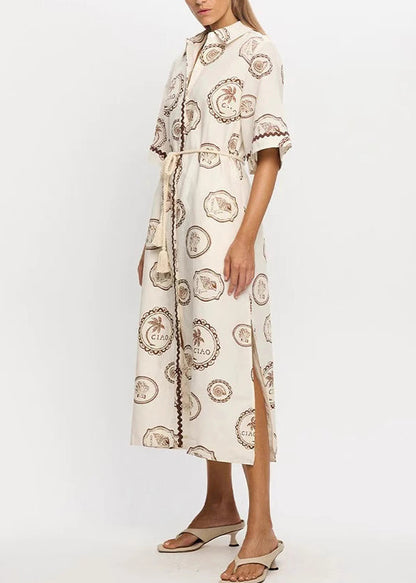 Loose Beige Print Tie Waist Maxi Dresses Short Sleeve