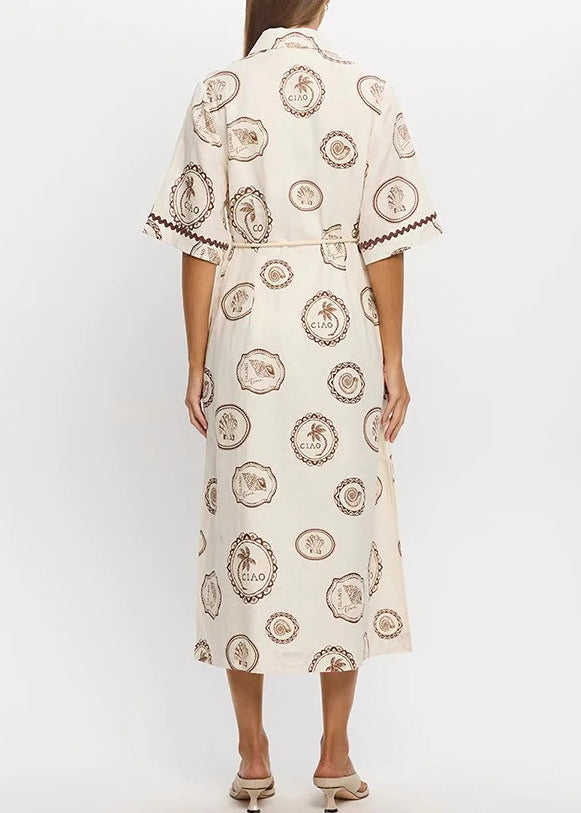 Loose Beige Print Tie Waist Maxi Dresses Short Sleeve