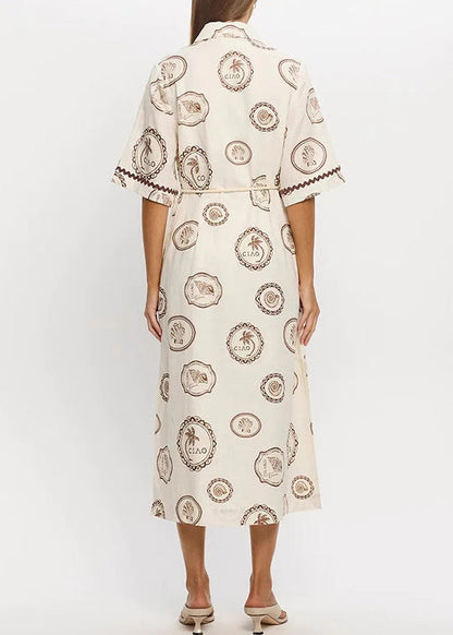 Loose Beige Print Tie Waist Maxi Dresses Short Sleeve