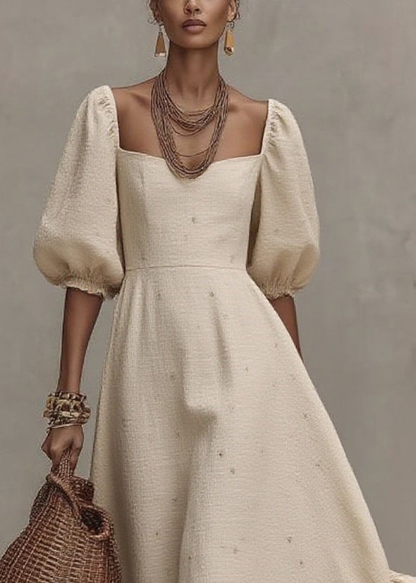 Loose Beige Square Collar Print Solid Long Dress Short Sleeve