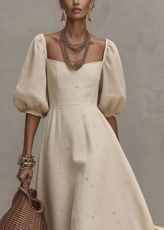 Loose Beige Square Collar Print Solid Long Dress Short Sleeve