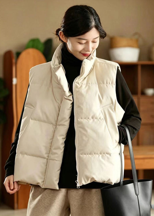 Loose Beige Stand Collar Drawstring Cotton Filled Waistcoat Winter