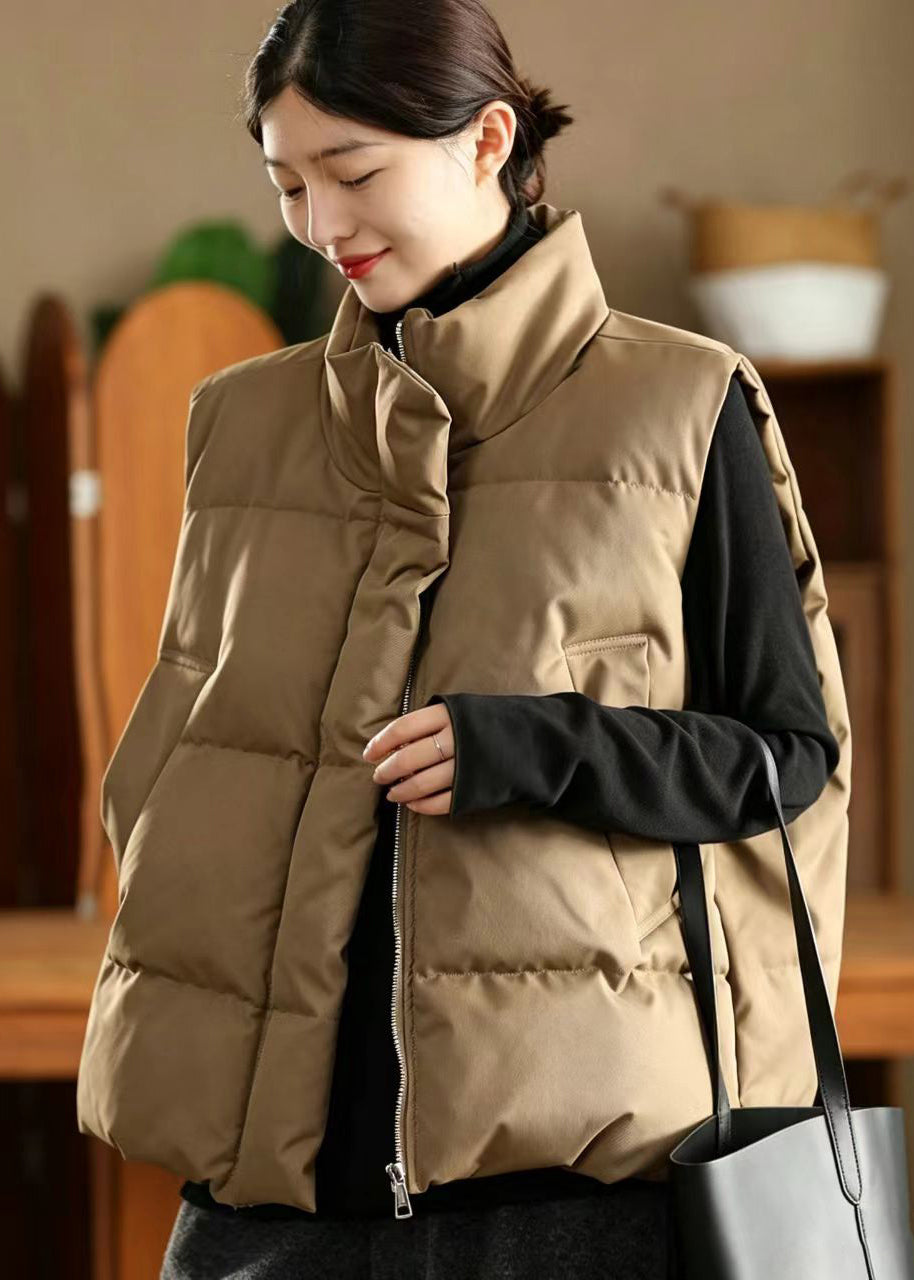 Loose Beige Stand Collar Drawstring Cotton Filled Waistcoat Winter