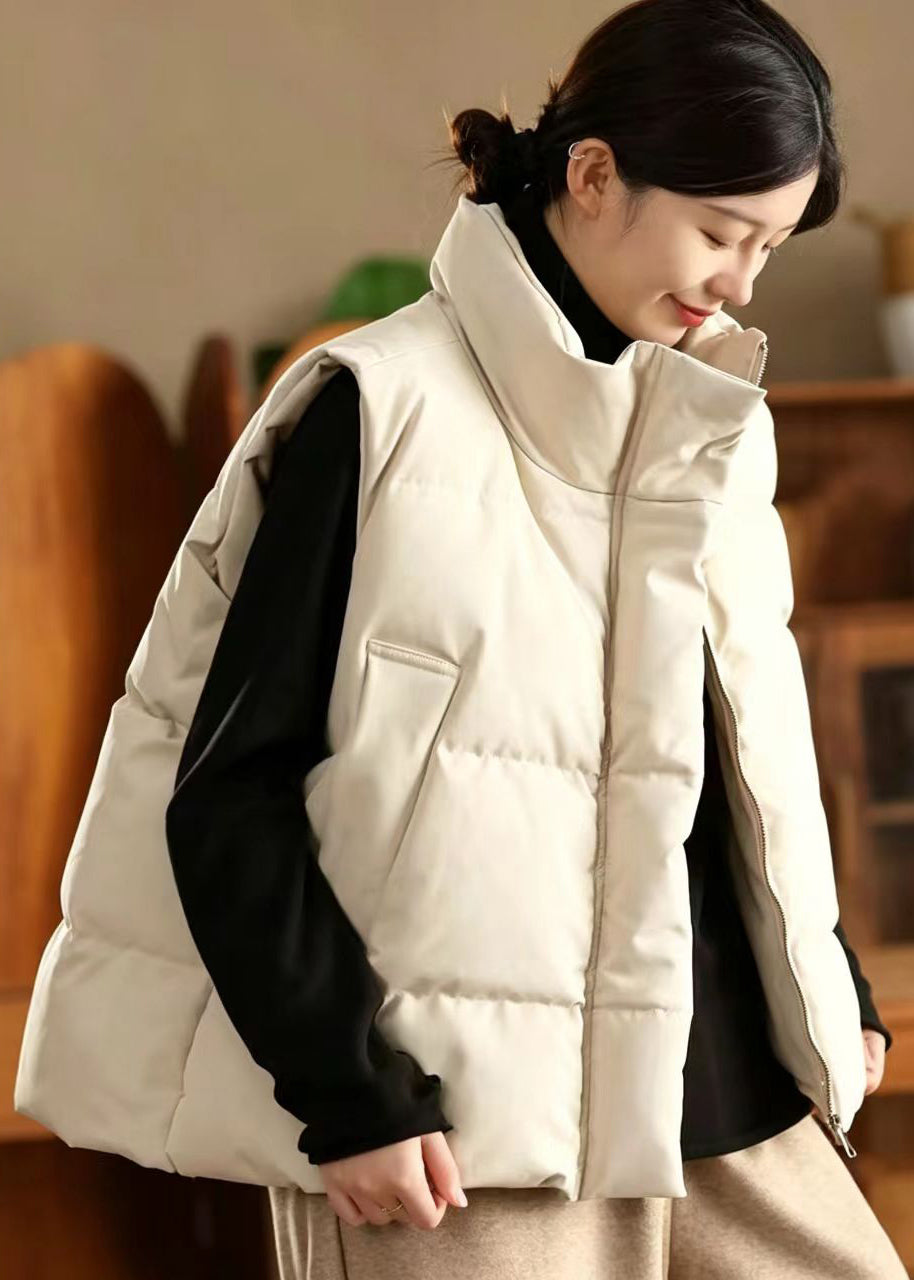 Loose Beige Stand Collar Drawstring Cotton Filled Waistcoat Winter