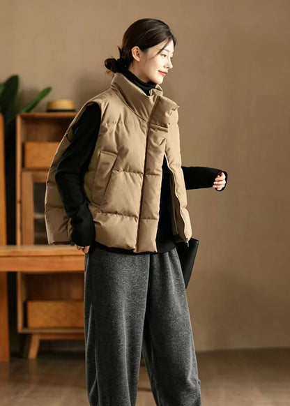Loose Beige Stand Collar Drawstring Cotton Filled Waistcoat Winter