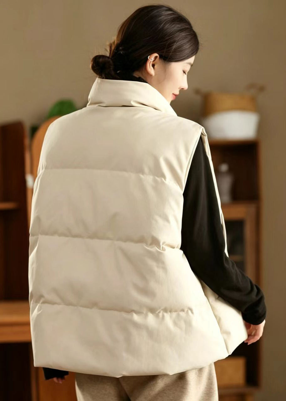 Loose Beige Stand Collar Drawstring Cotton Filled Waistcoat Winter