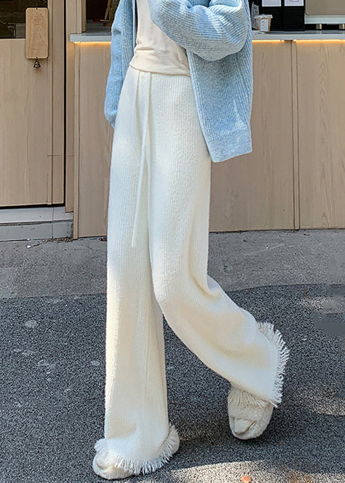 Loose Beige Tasseled Elastic Waist Mink Hair Knitted Flared Trousers Spring