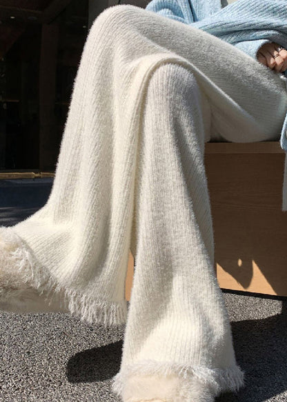 Loose Beige Tasseled Elastic Waist Mink Hair Knitted Flared Trousers Spring