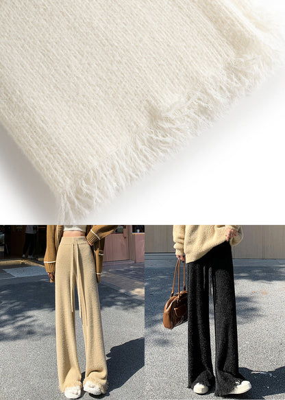 Loose Beige Tasseled Elastic Waist Mink Hair Knitted Flared Trousers Spring