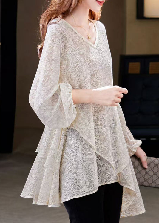 Loose Beige V Neck Asymmetrical Lace Blouses Fall