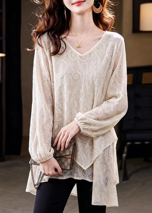 Loose Beige V Neck Asymmetrical Lace Blouses Fall
