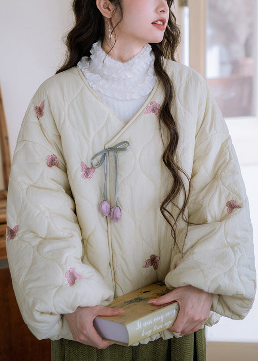 Loose Beige V Neck Butterfly Bow Cotton Filled Parkas Winter
