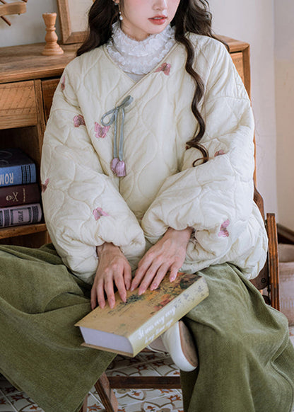 Loose Beige V Neck Butterfly Bow Cotton Filled Parkas Winter
