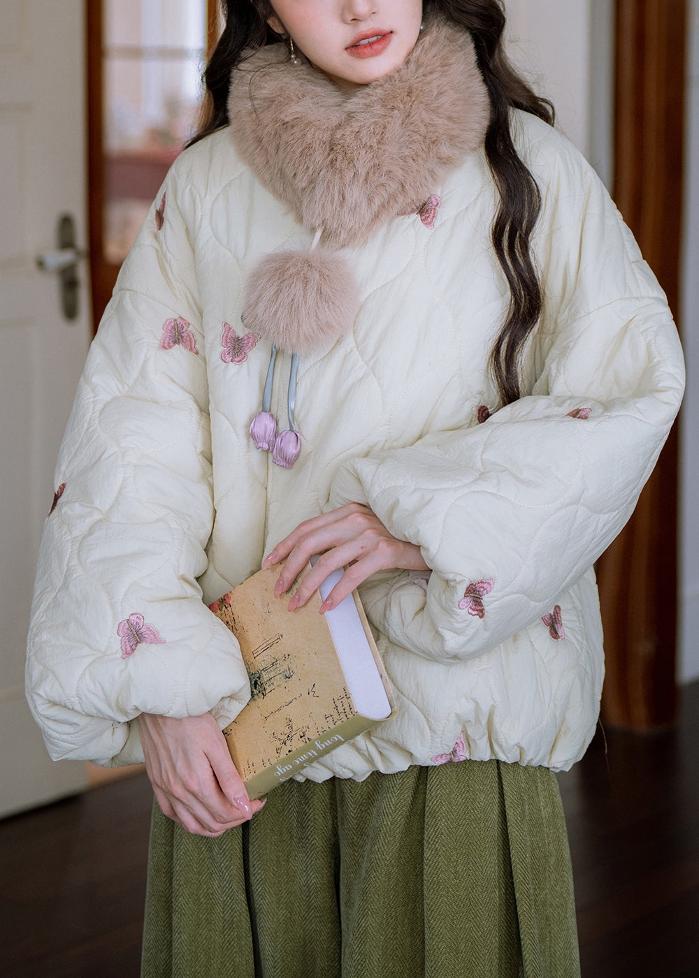 Loose Beige V Neck Butterfly Bow Cotton Filled Parkas Winter