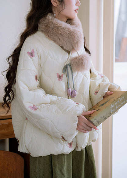 Loose Beige V Neck Butterfly Bow Cotton Filled Parkas Winter