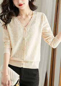 Loose Beige V Neck Knit Cardigans Long Sleeve
