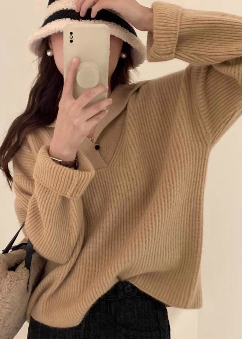 Loose Beige V Neck Knit Sweaters Top Spring