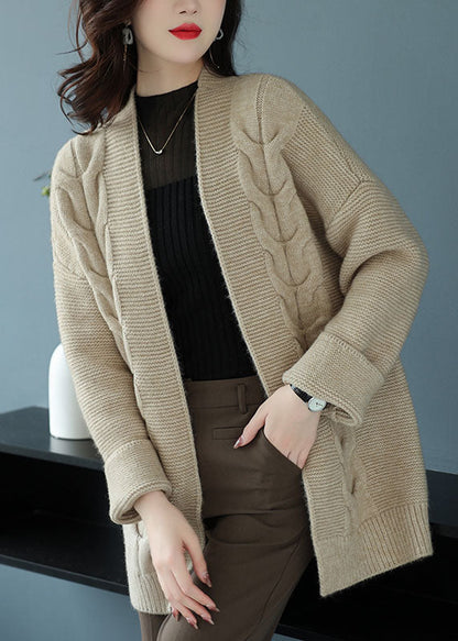 Loose Beige V Neck Patchwork Thick Wool Knit Cardigan Fall