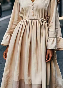 Loose Beige V Neck Wrinkled Patchwork Linen Dresses Long Sleeve