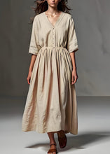 Load image into Gallery viewer, Loose Beige V Neck Wrinkled Patchwork Linen Long Dress Half Sleeve