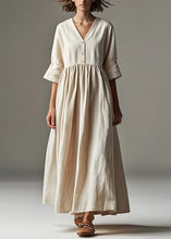 Load image into Gallery viewer, Loose Beige V Neck Wrinkled Patchwork Linen Long Dresses Summer
