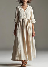 Load image into Gallery viewer, Loose Beige V Neck Wrinkled Patchwork Linen Long Dresses Summer